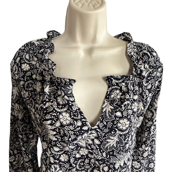 Isabel ~ Navy and ivory blouse ~ side ties ~ smocking detail on sleeve ~ size M - Picture 1 of 11
